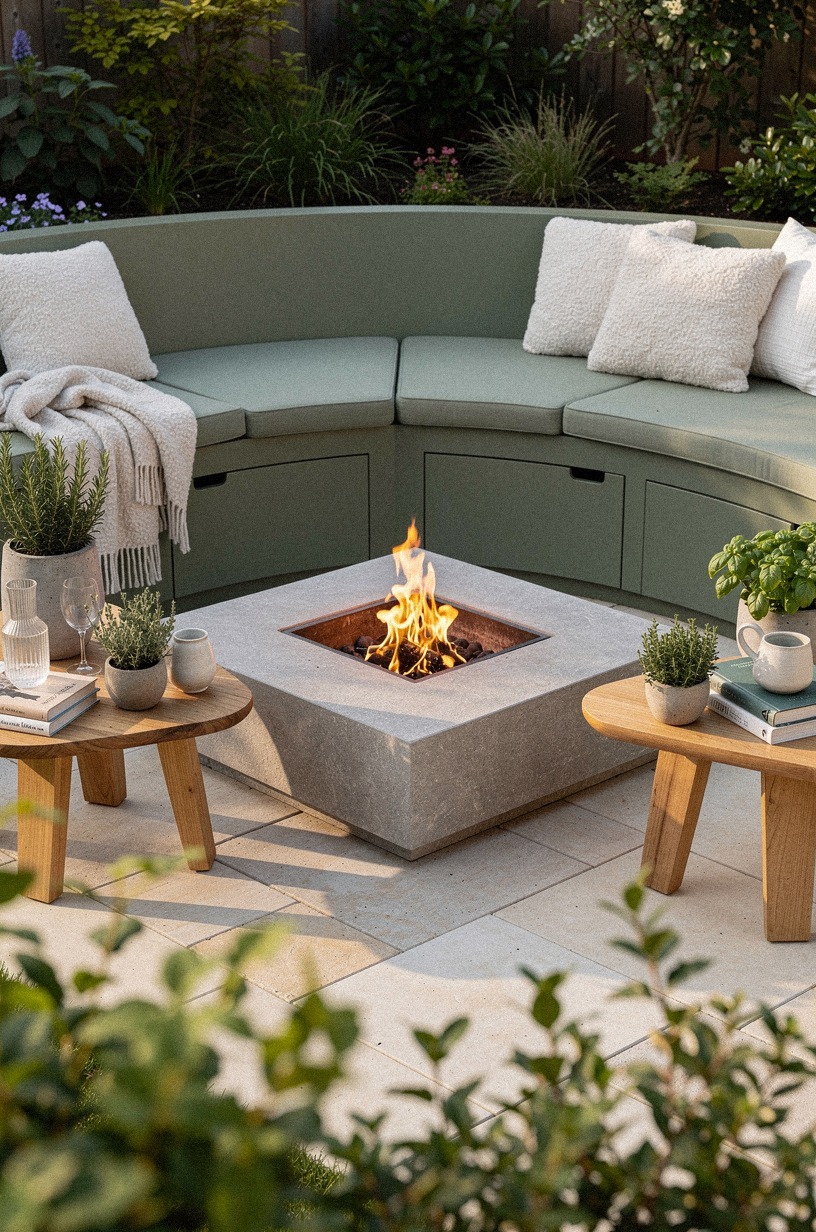 Build a semicircle of built-in concrete benches with hidden storage