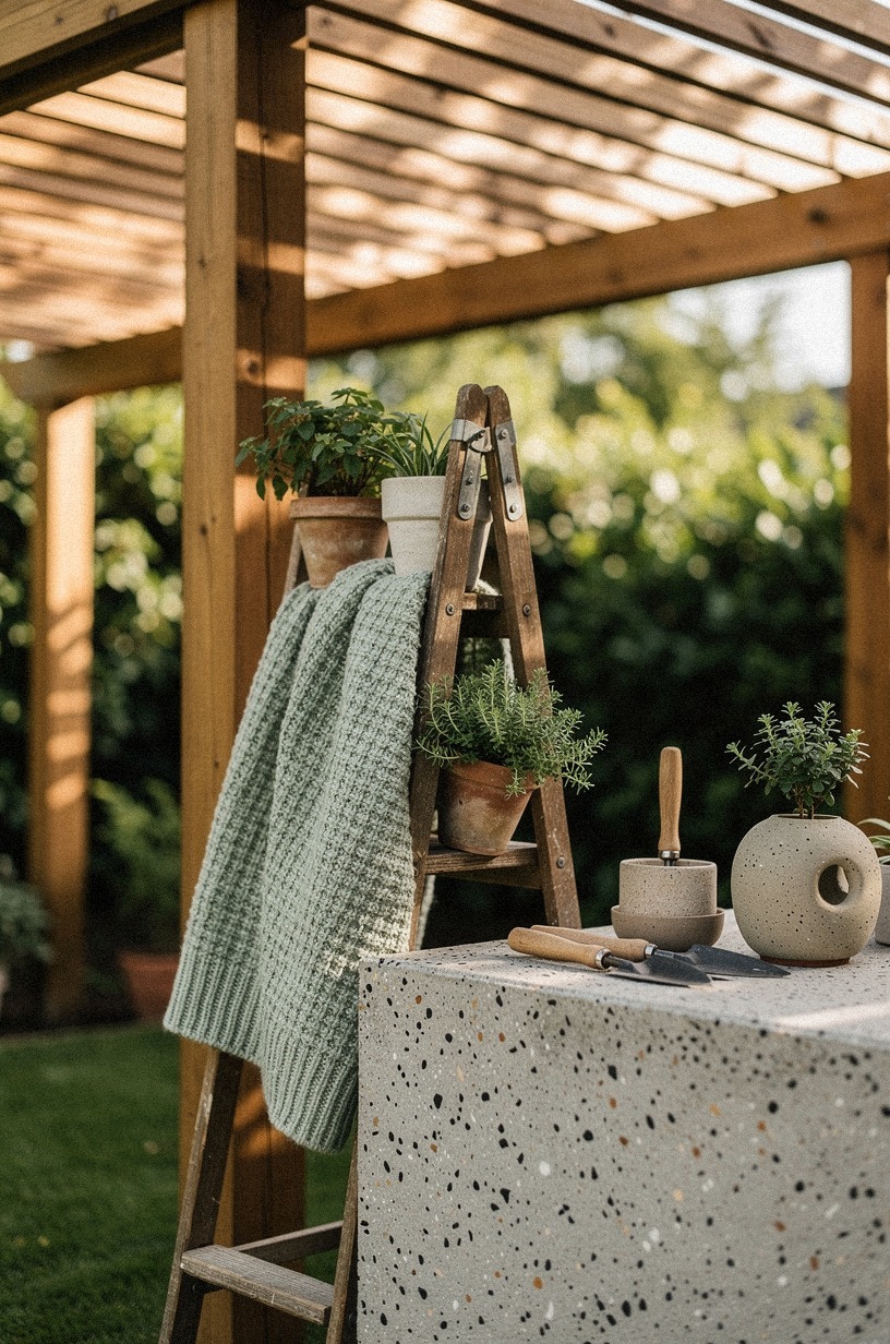Prop a vintage ladder against the post for potted herbs