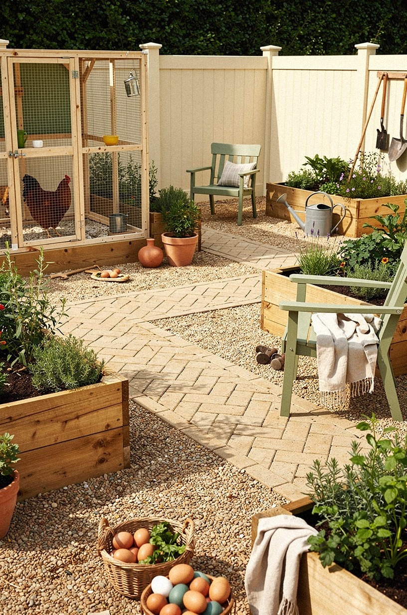 Lay pea gravel paths in a herringbone pattern between zones