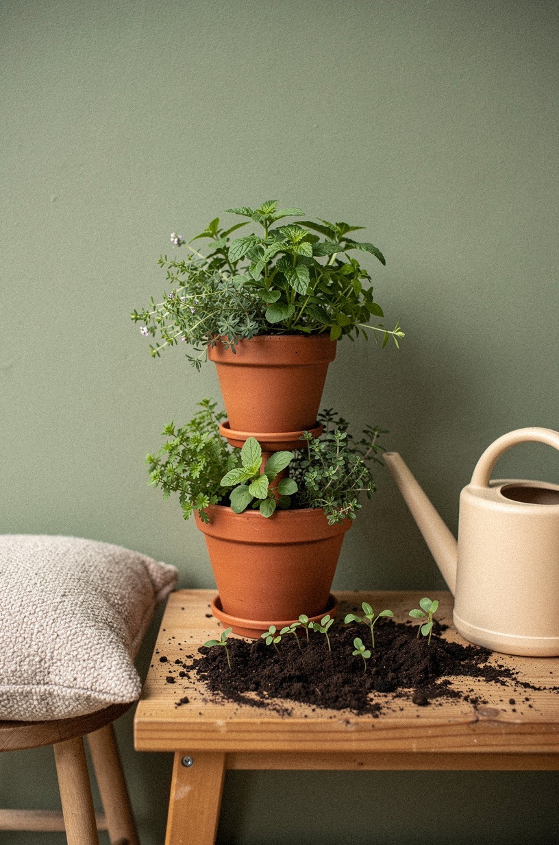Stack terracotta pots in a staggered herb tower
