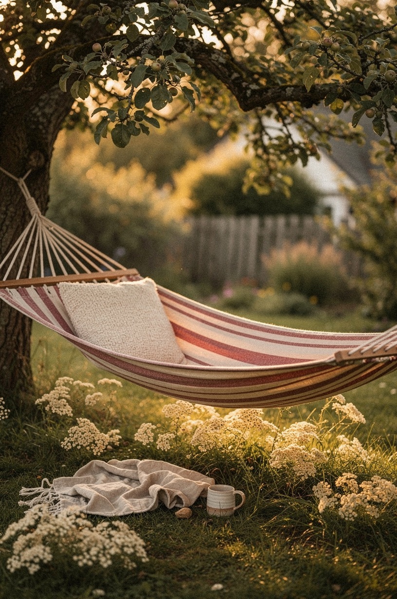 Stretch a faded striped hammock between two apple trees