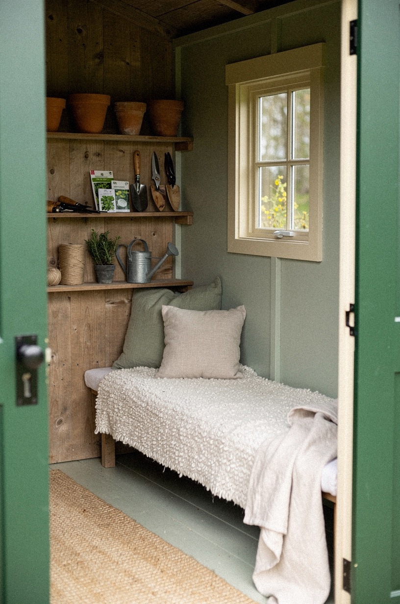 Paint a garden shed interior in deep moss green