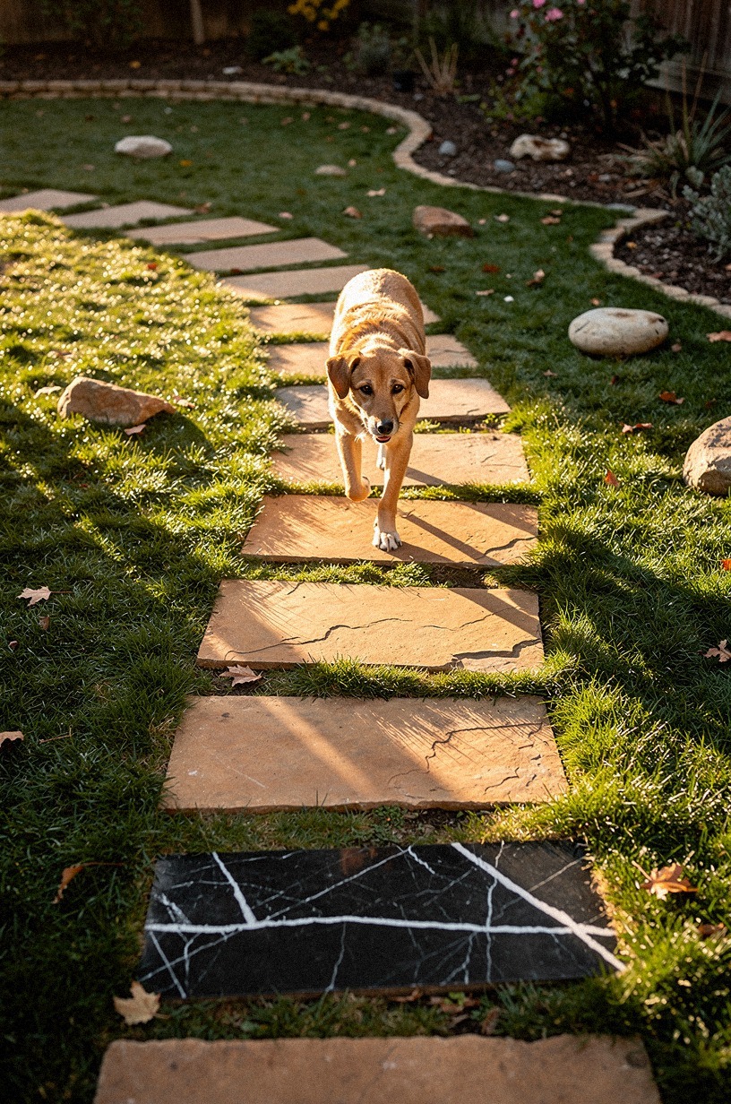 Run a wide stepping-stone path through the grass