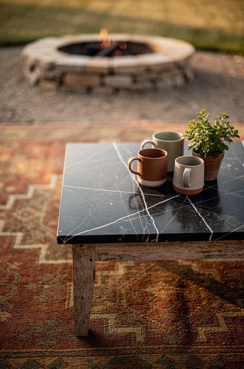 Lay a vintage Turkish rug under the outdoor coffee table