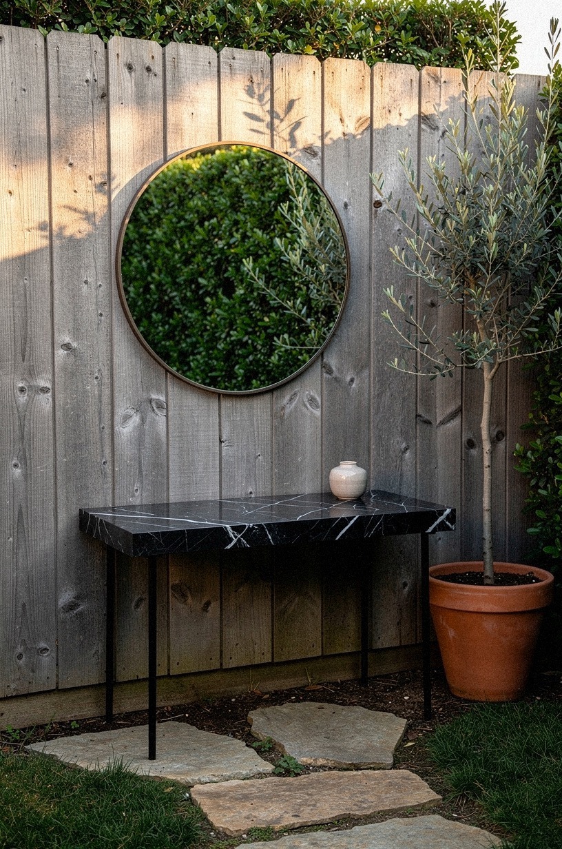 I hung a simple mirror on the garden fence to steal depth from the neighbor's hedge