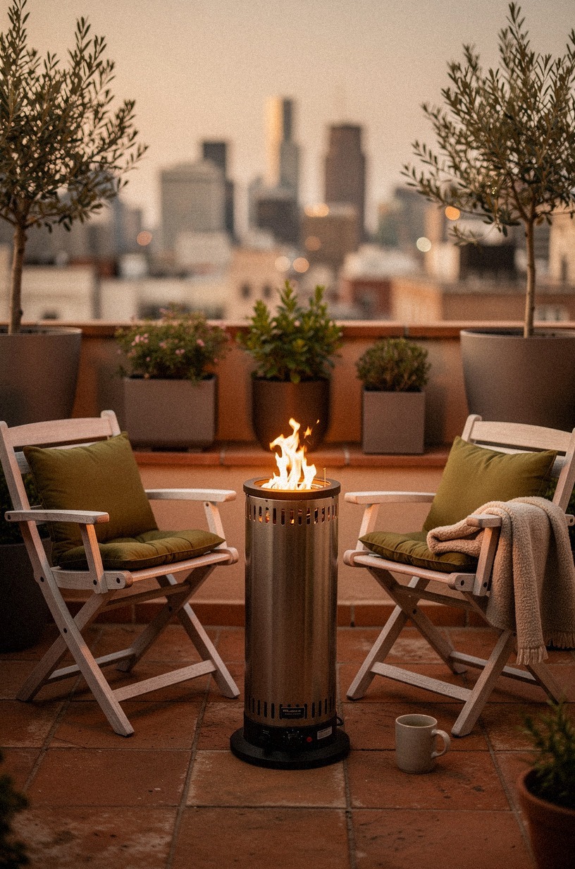 Start with a portable propane column for flexible small-space seating
