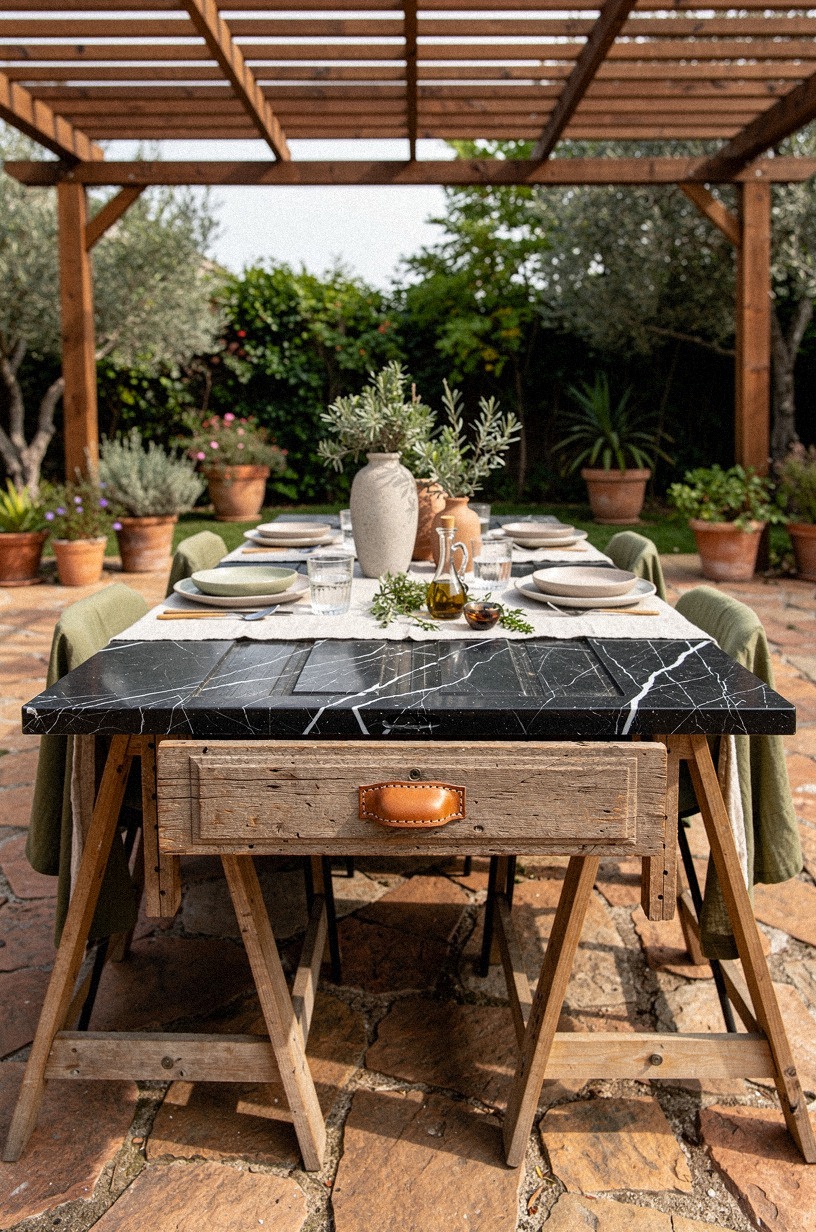 Swap the center table for a reclaimed door on sawhorses