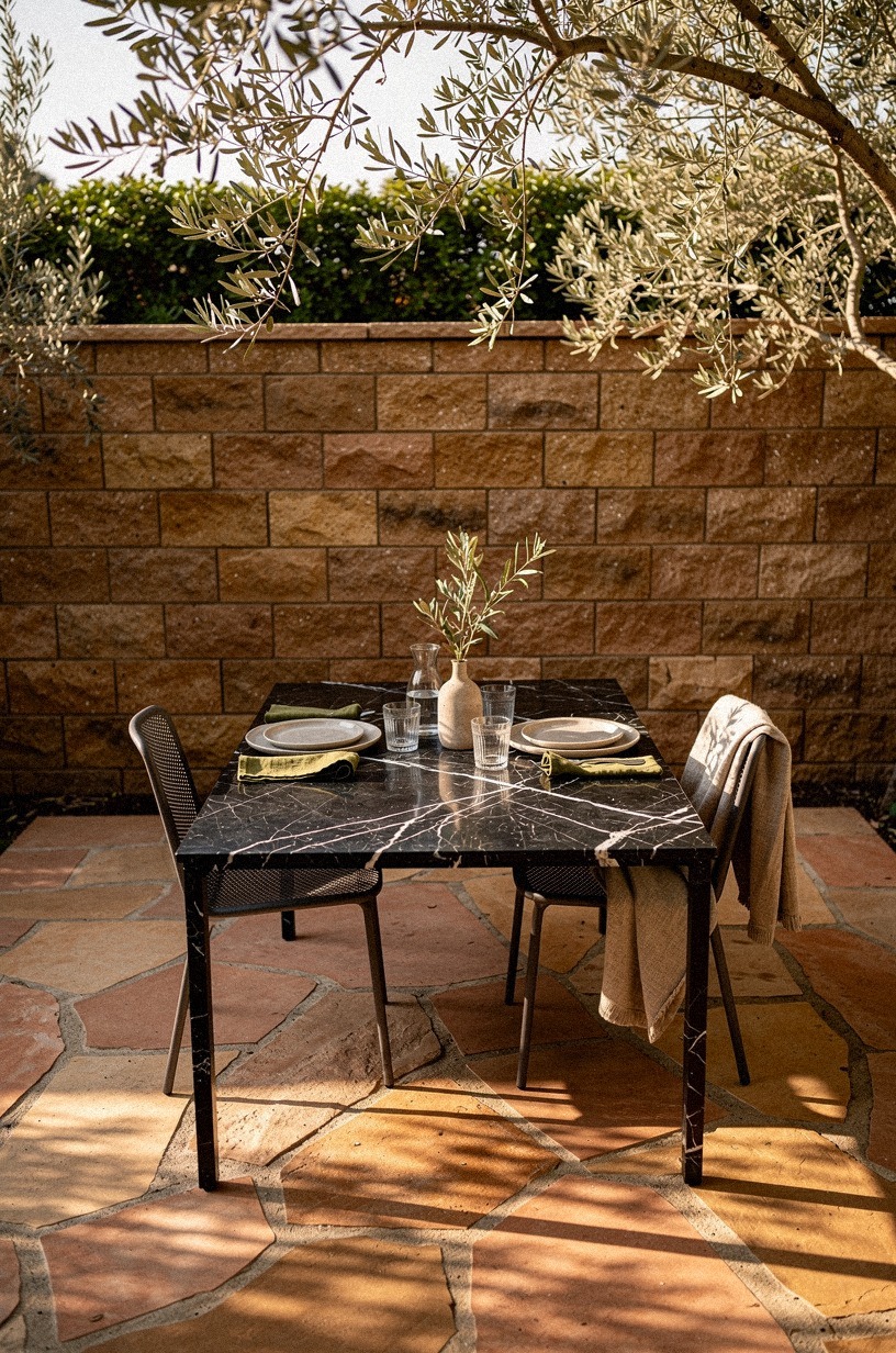 Lay irregular flagstone for a casual dining patio