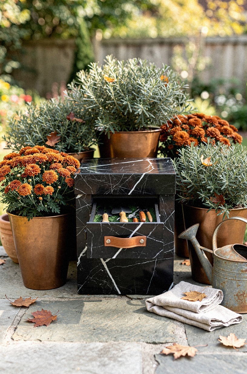 Cluster copper planters with fall mums