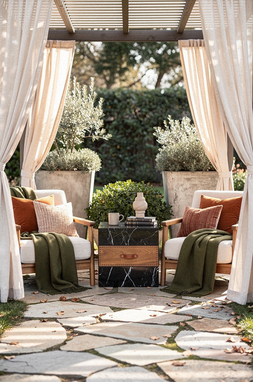 Hang curtain panels under the pergola