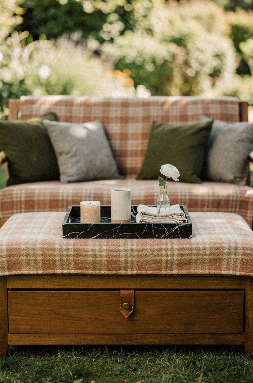 Drape plaid throws over the lounge benches