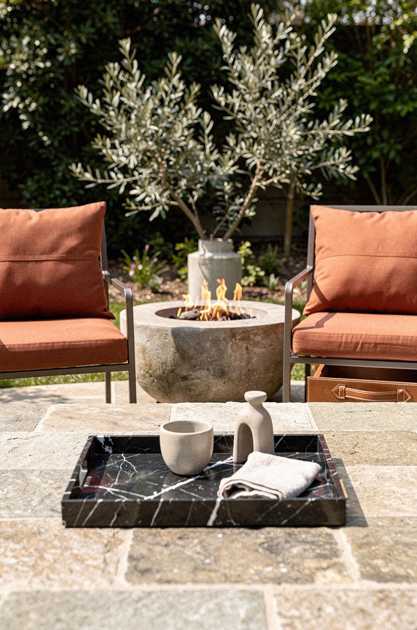 Tuck bistro stools beside the fire bowl