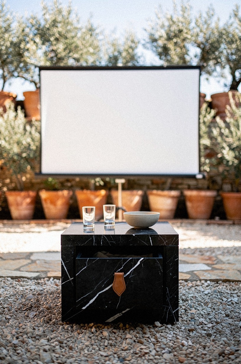 Cluster terracotta planters behind the screen