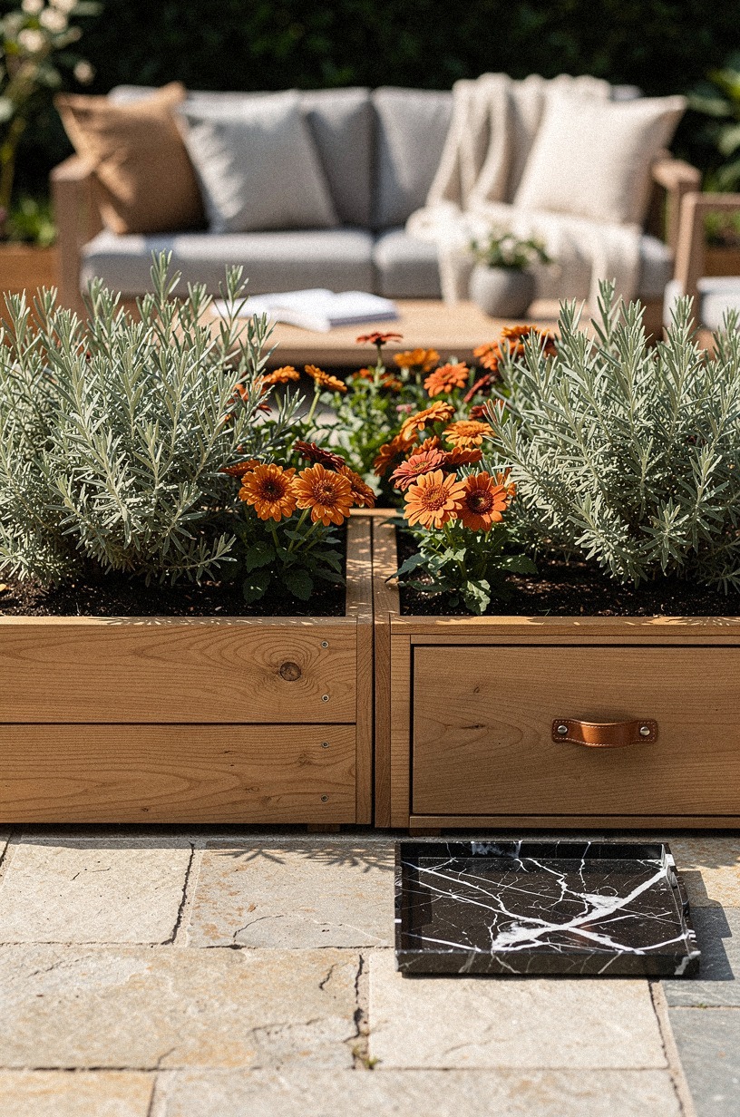Edge the patio with cedar planter boxes