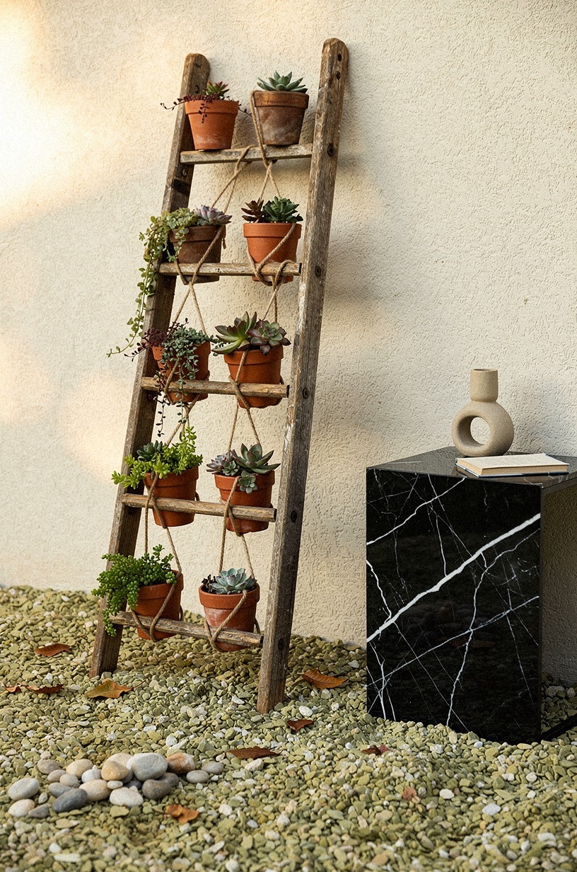 Prop a vintage ladder against the wall and hang potted succulents