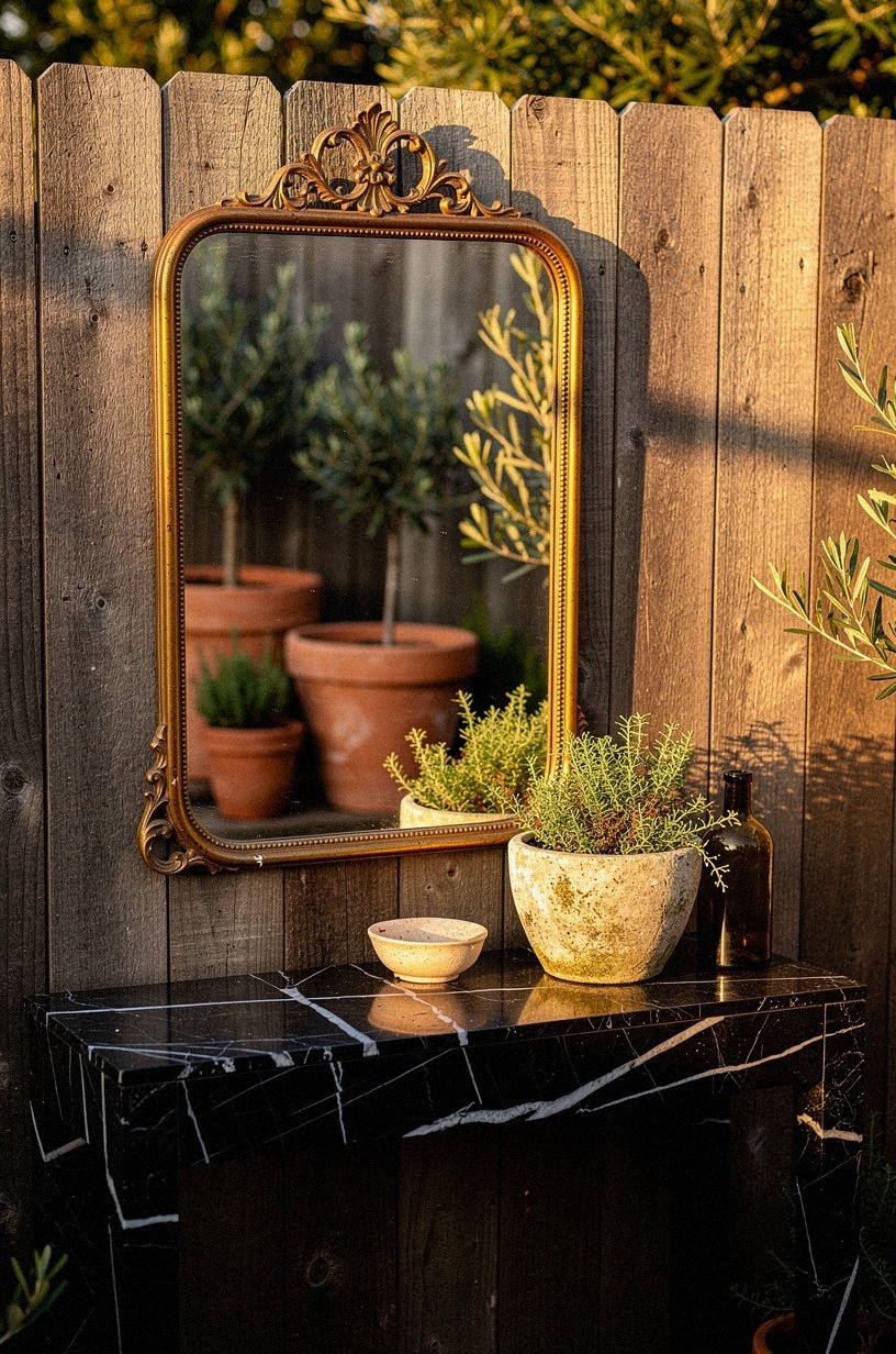 Hang a vintage mirror on a weathered fence panel