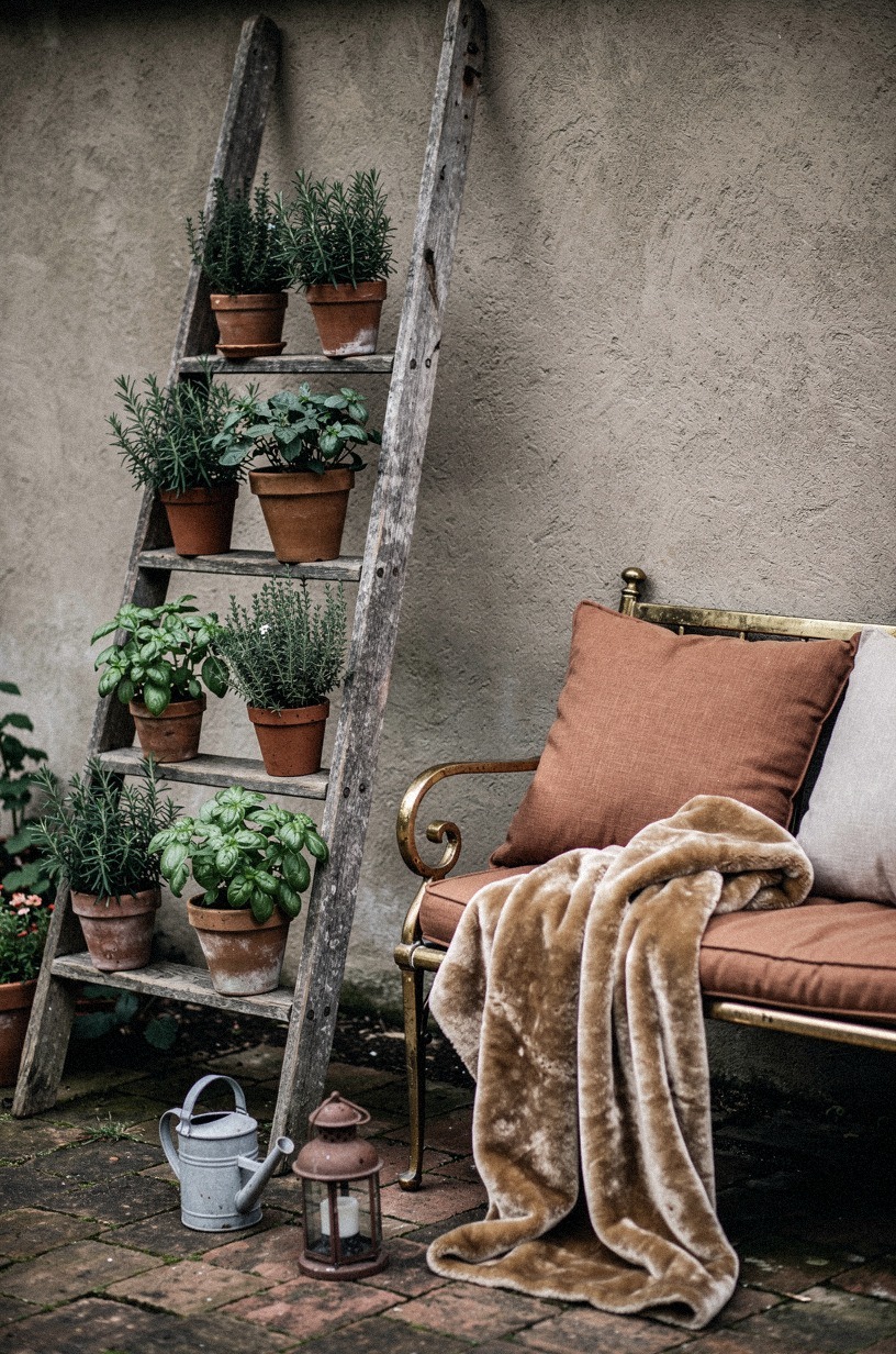 Prop an old wooden ladder against the wall for potted herbs