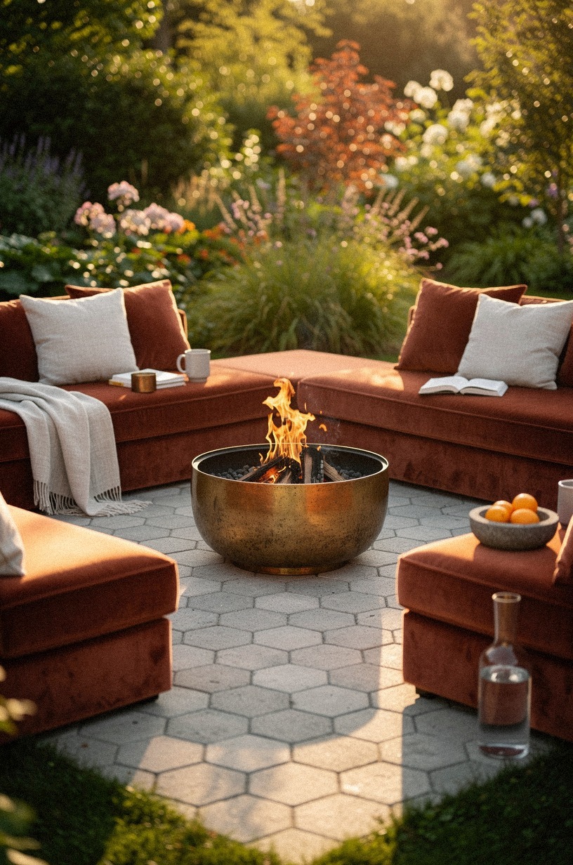 Anchor the pit inside a hexagonal flagstone patio for geometric order