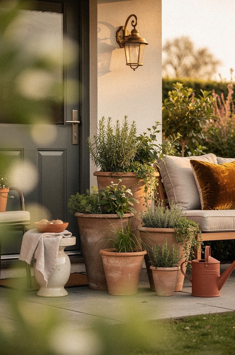 Layer oversized planters by the door