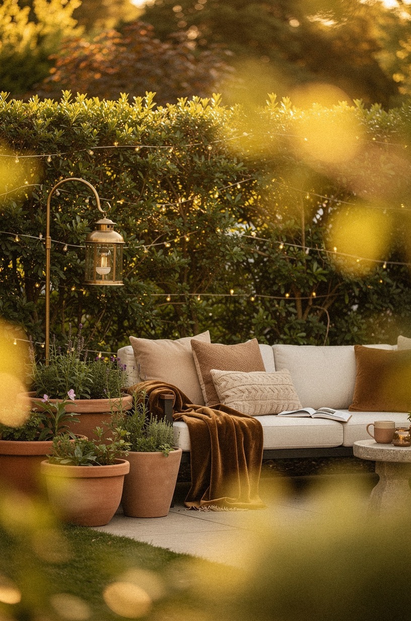 Layer string lights through privacy shrubs