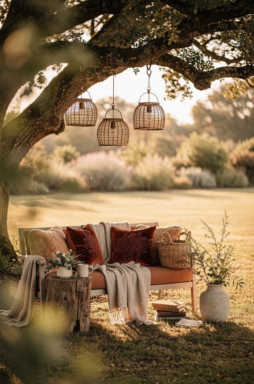 Suspend basket lights from the oak tree for the Lantern Canopy