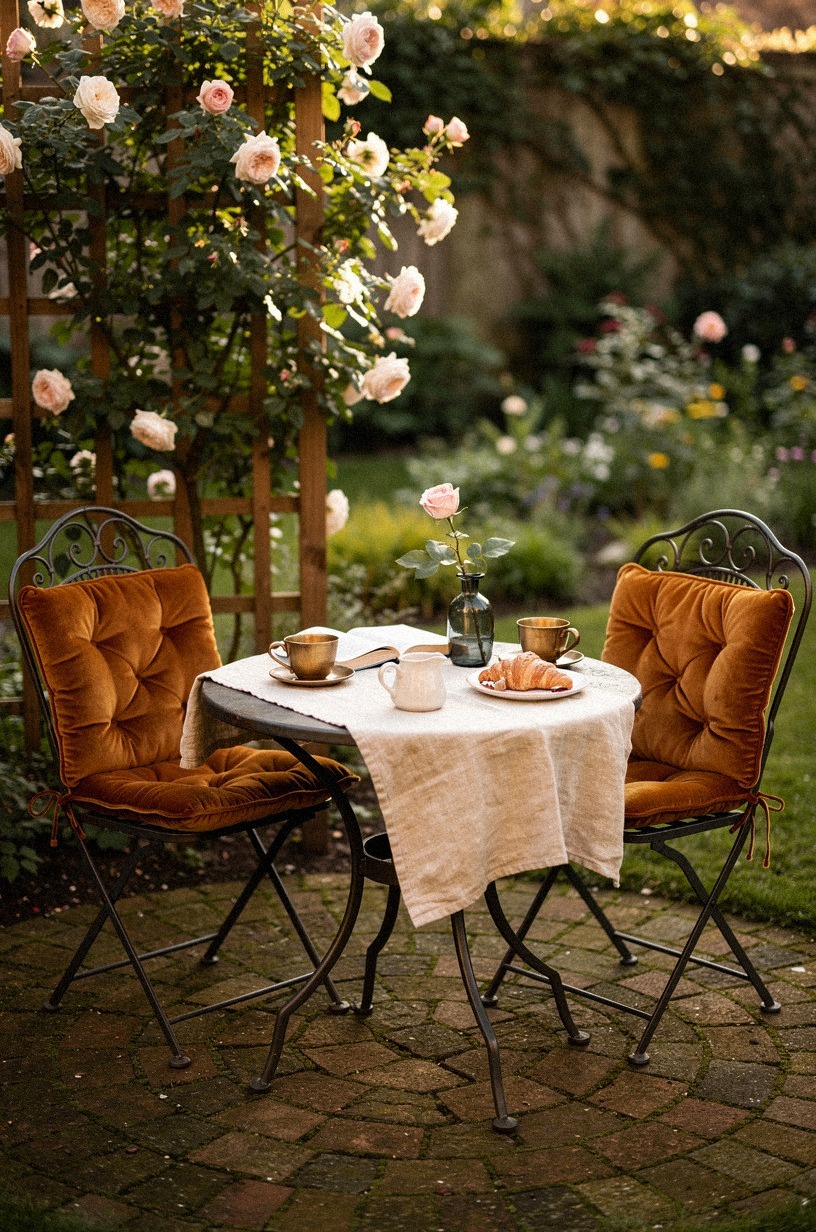Set a cast iron bistro table on a round brick paver patio
