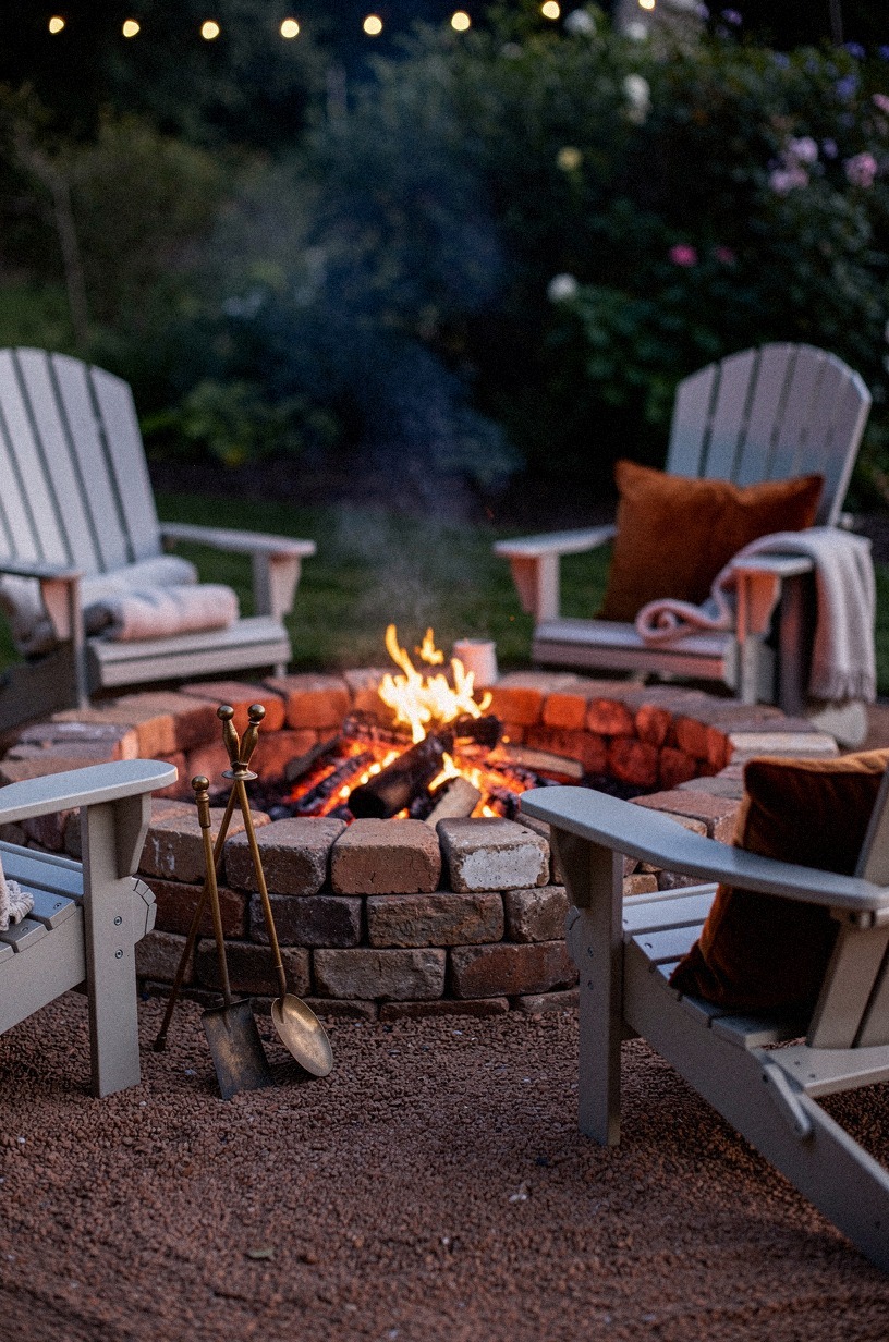 Stack weathered bricks for a low fire pit circle