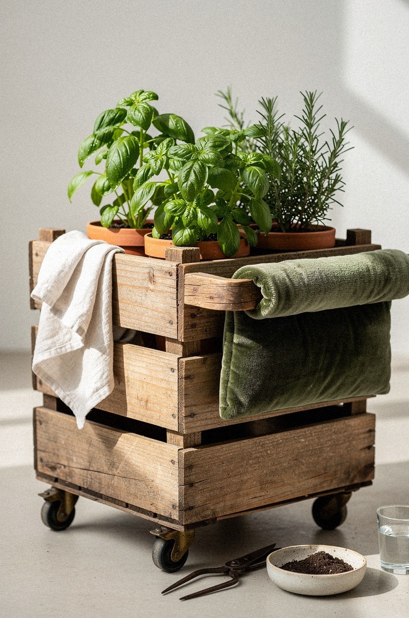 Screw casters onto a wooden crate for a rolling herb cart