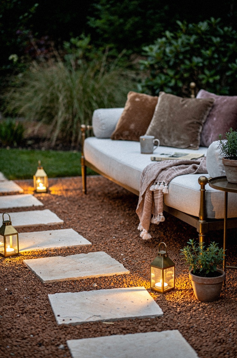 Scatter low zinc lanterns along a stepping-stone path