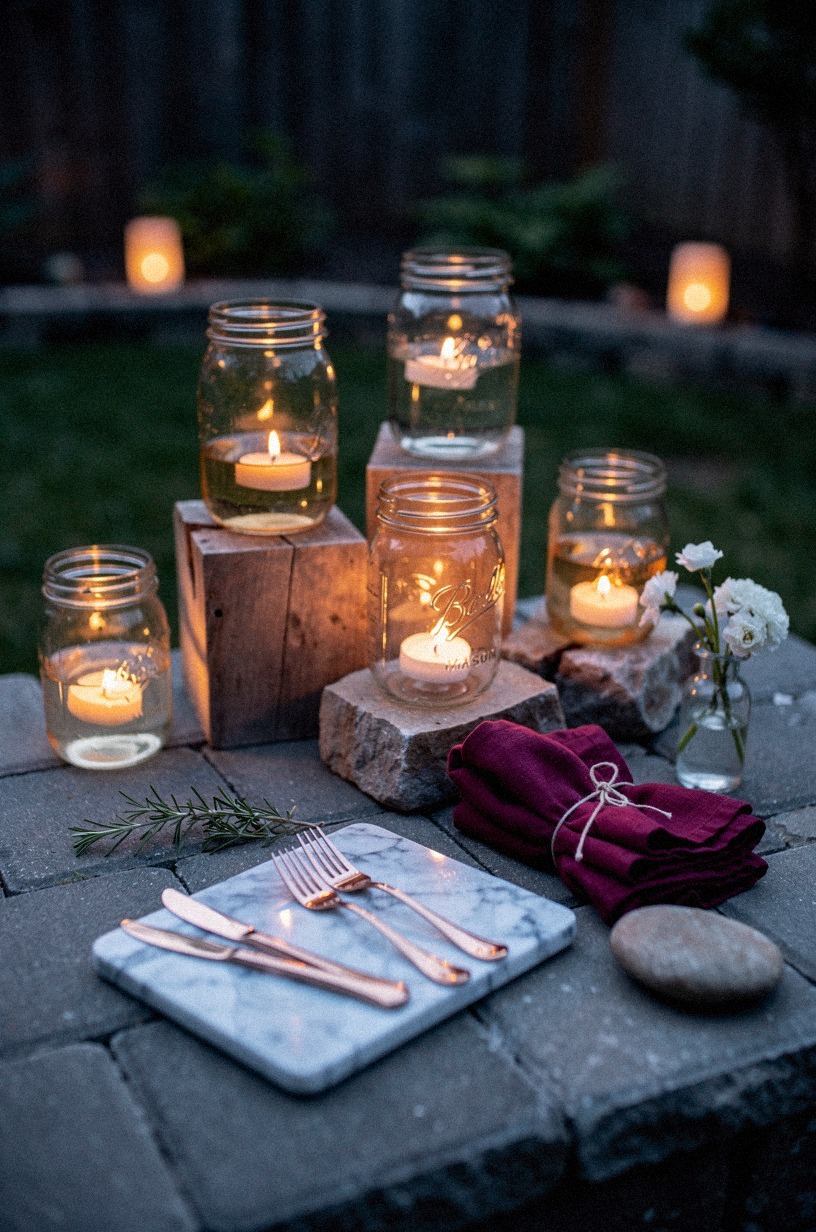Float citronella candles in mason jars around the perimeter