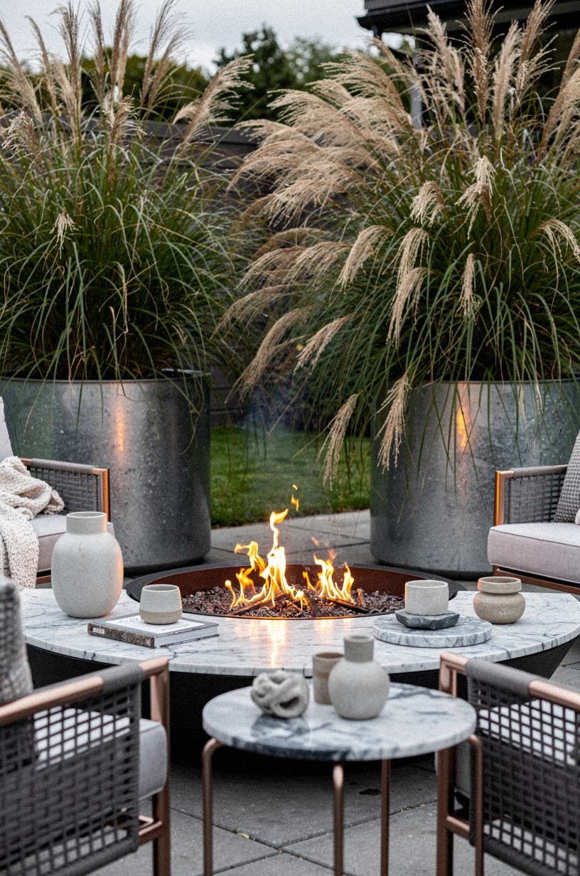 Layer in galvanized steel planters filled with ornamental grasses