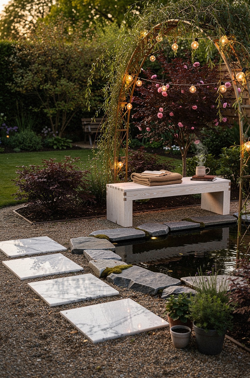Anchor the pond with a willow arch