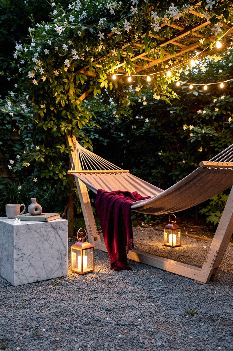 Nestle the hammock under climbing jasmine