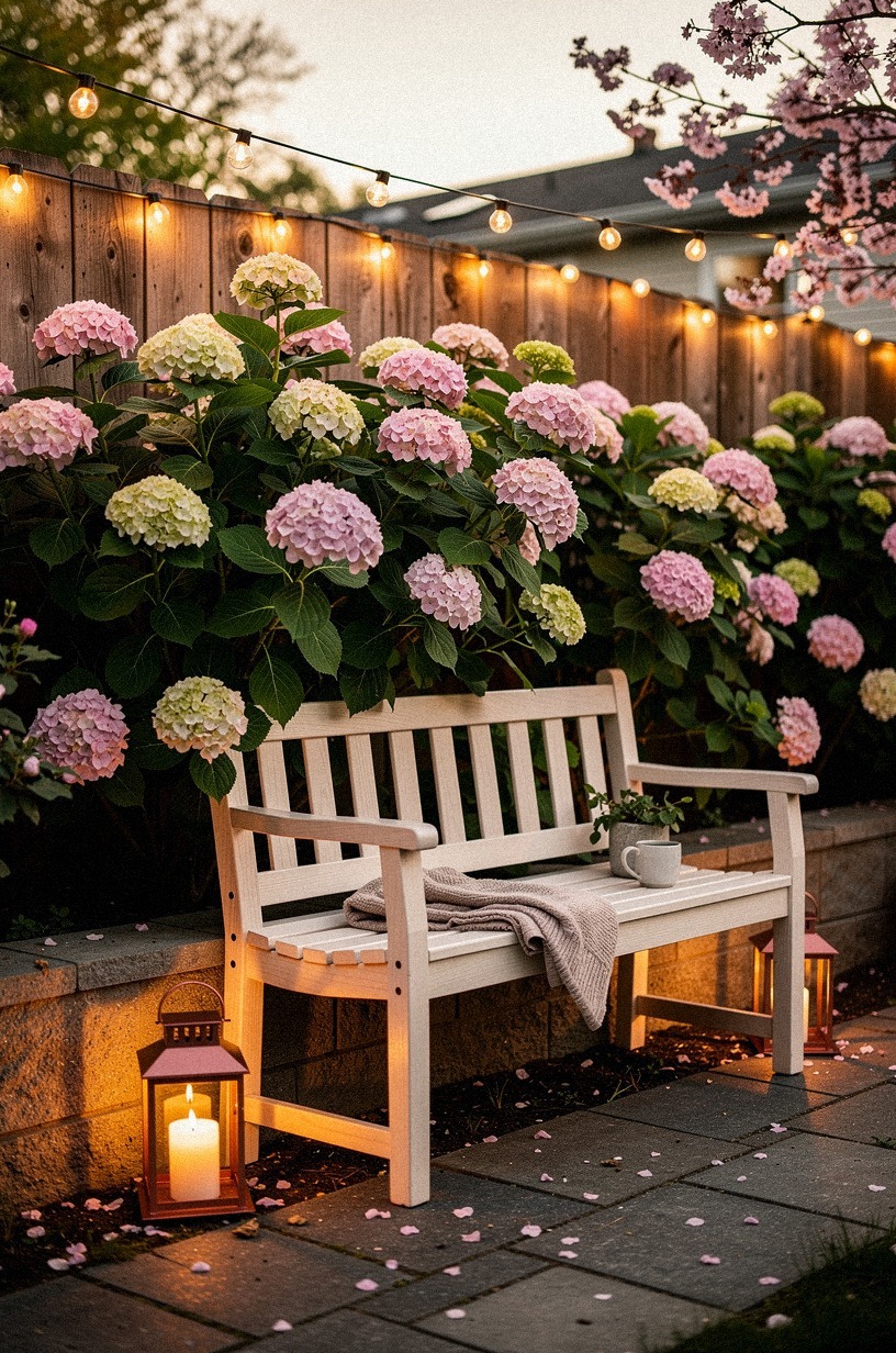Tuck a bench beneath tall hydrangeas