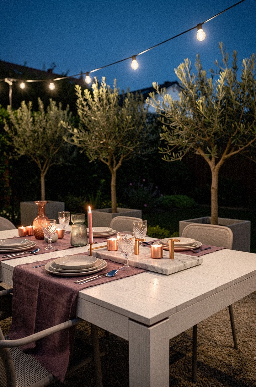 Frame the table with potted olive trees