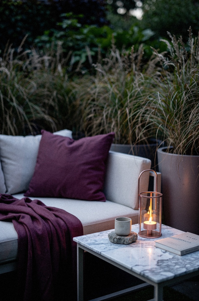 Tuck a weatherproof daybed into a corner with potted grasses
