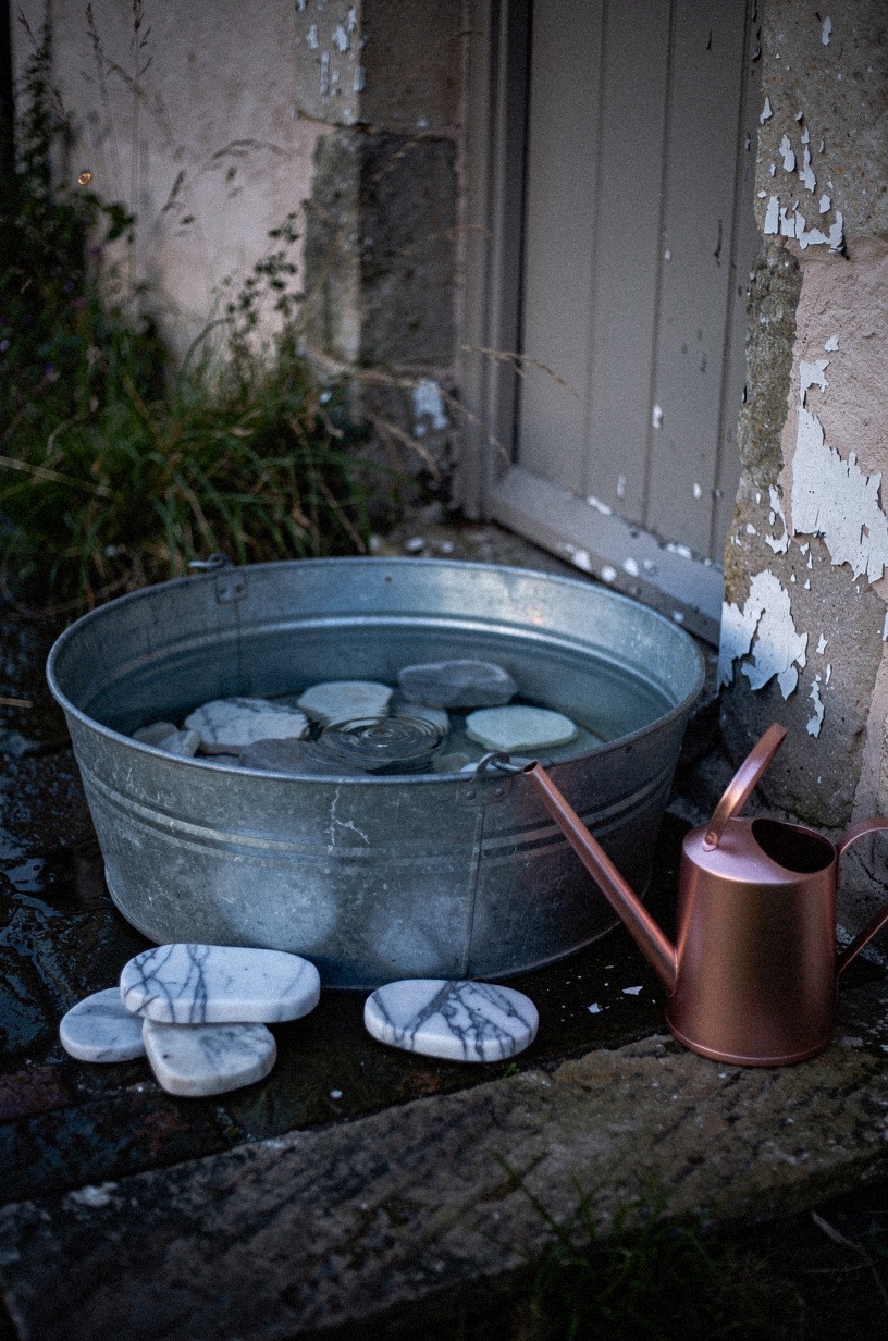 Place a galvanized trough near the door for rainwater
