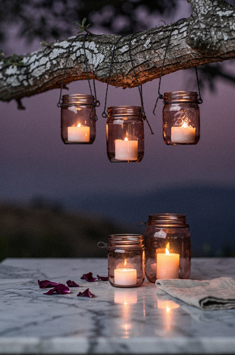 Wire mason jars to a branch for overhead candlelight