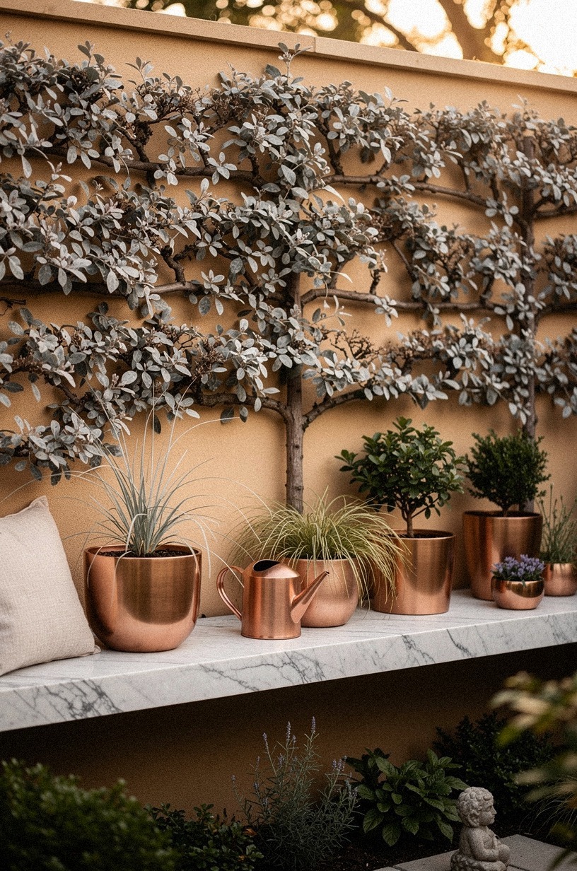 Train espaliered fruit trees flat against a boundary wall