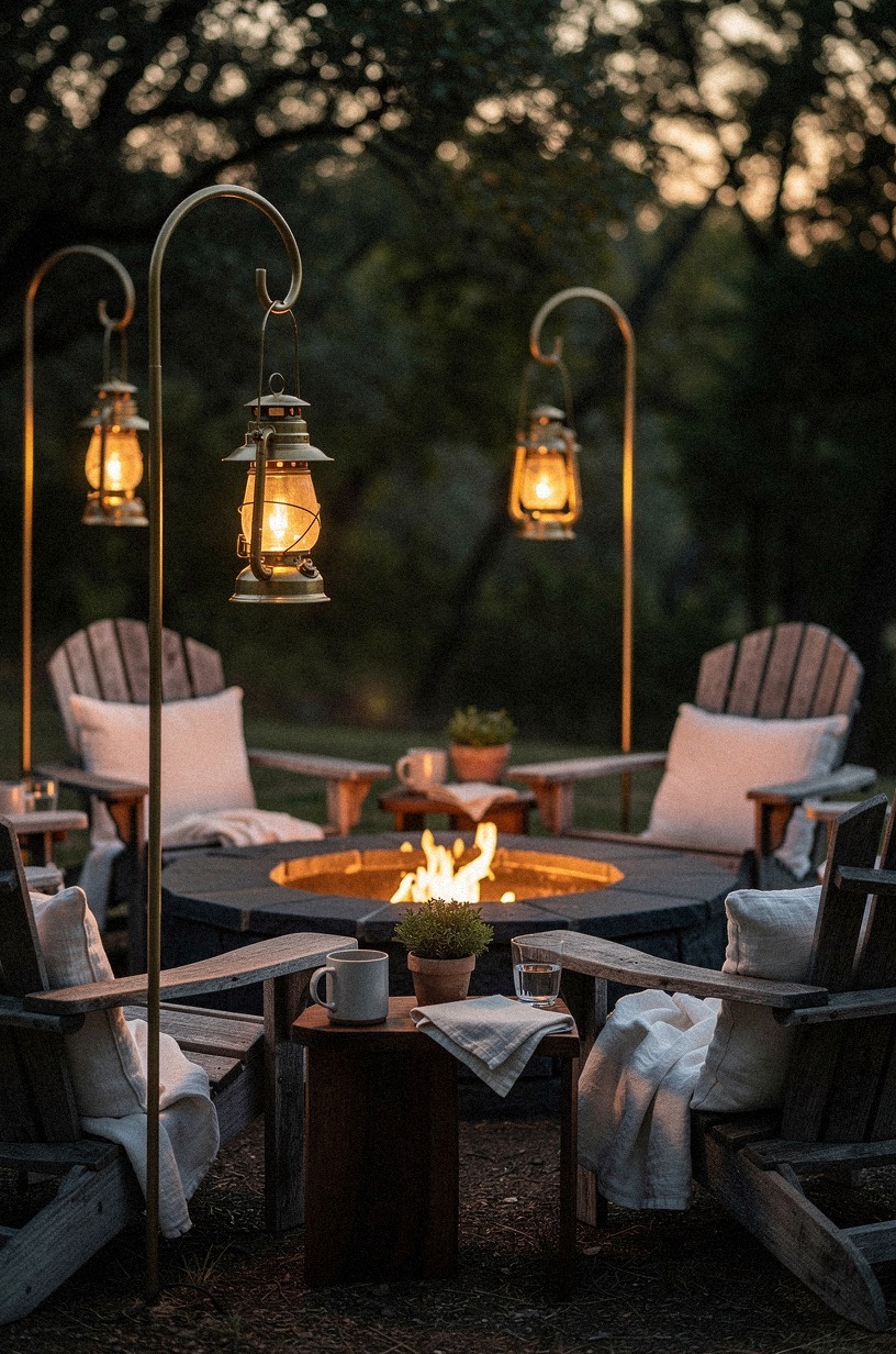 Hang vintage lanterns from shepherd hooks at varying heights