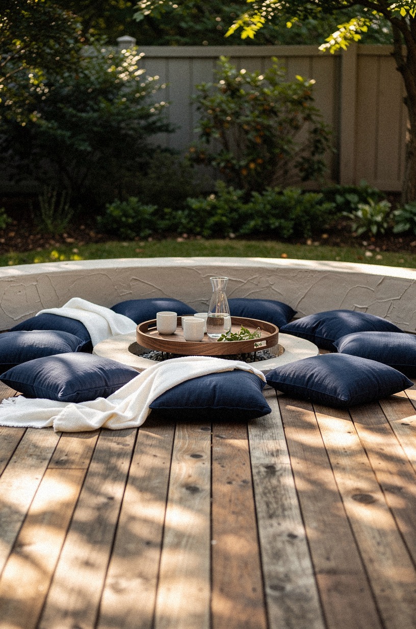 Scatter floor cushions near the fire bowl