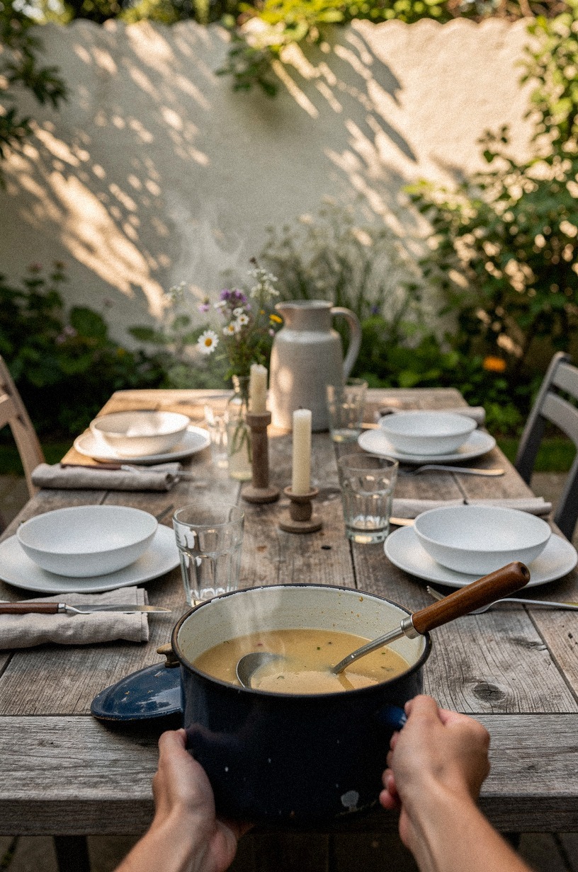Serve soup from a vintage enamel pot
