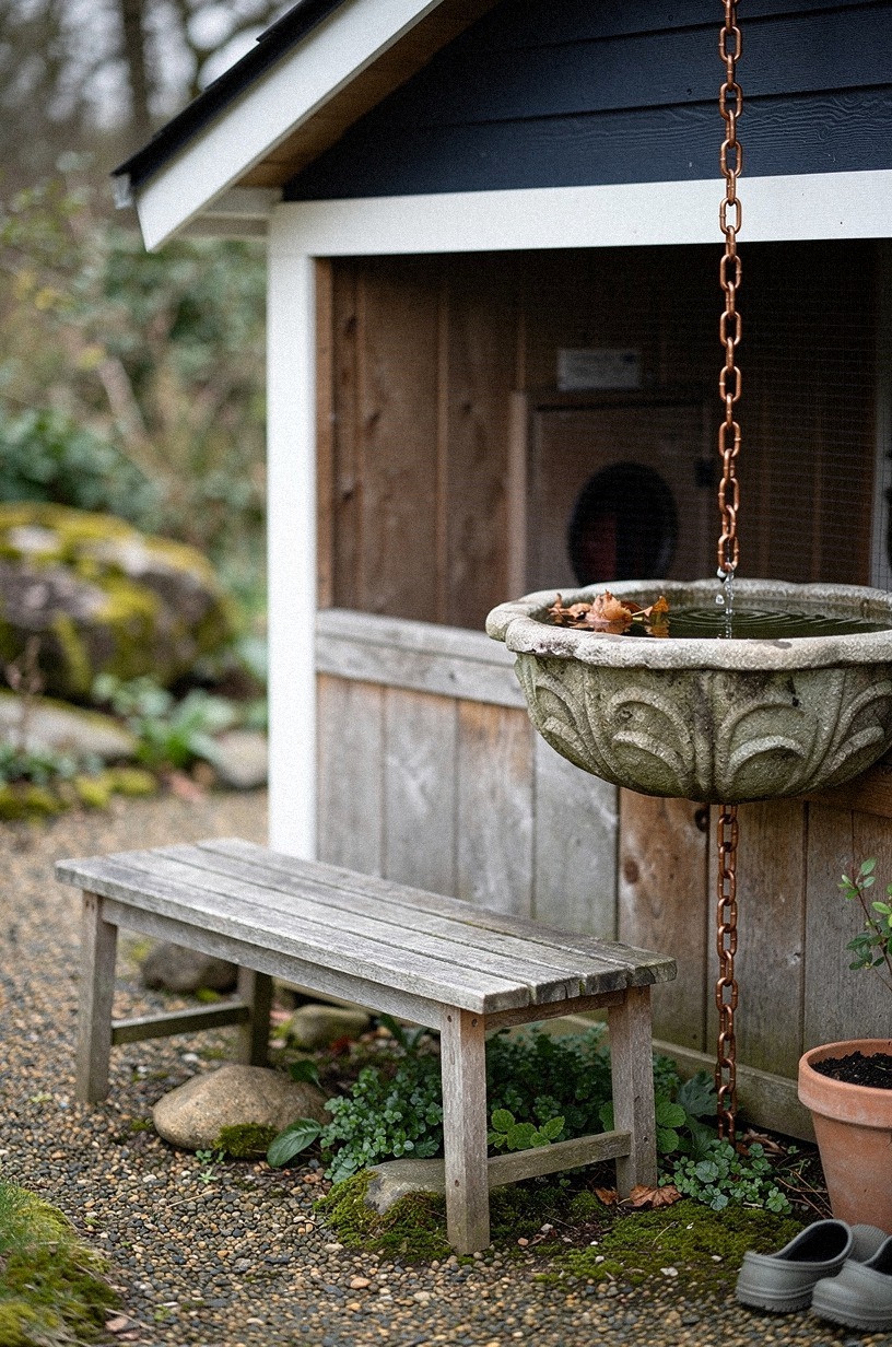 Add a copper rain chain from the coop roof to a stone basin