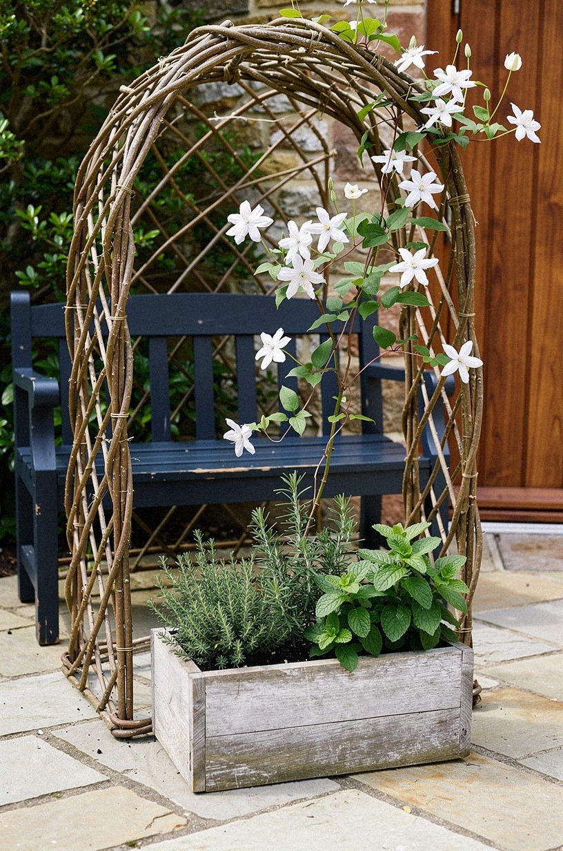 Weave a willow branch trellis over the stone patio