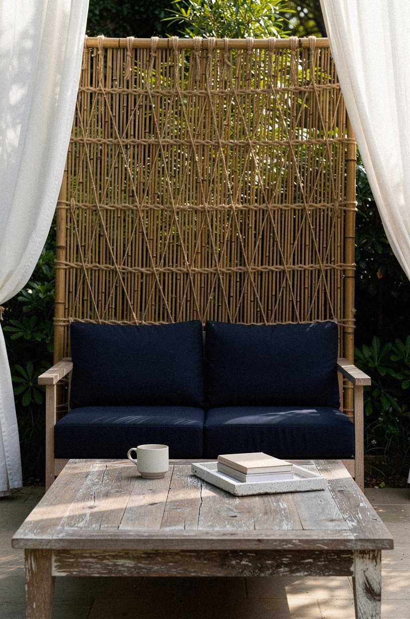 Weave a privacy screen from bamboo poles and jute twine