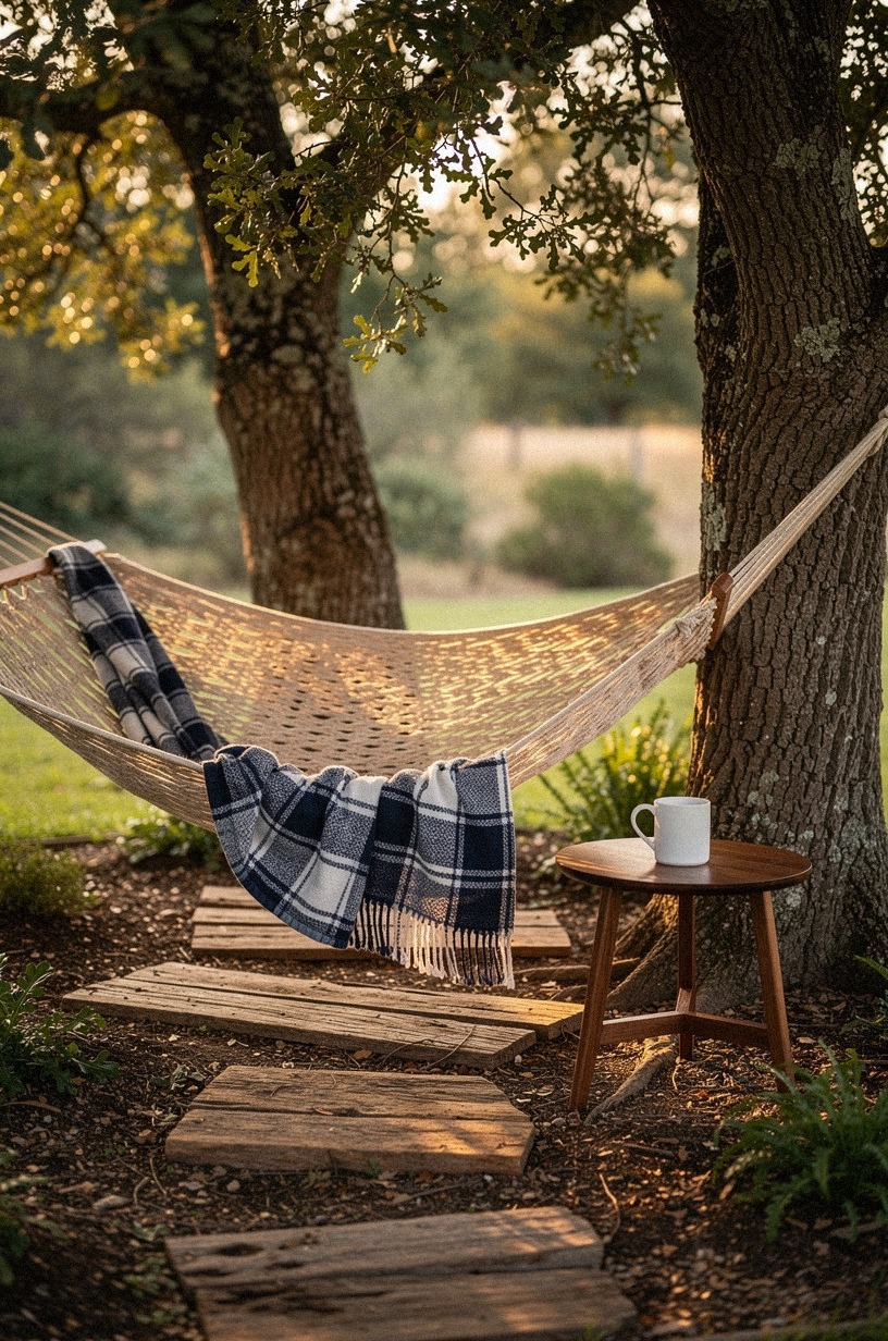 Tuck a hammock between two oak trunks with a plaid blanket