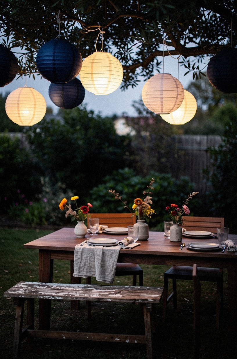 Hang paper lanterns at staggered heights from branches