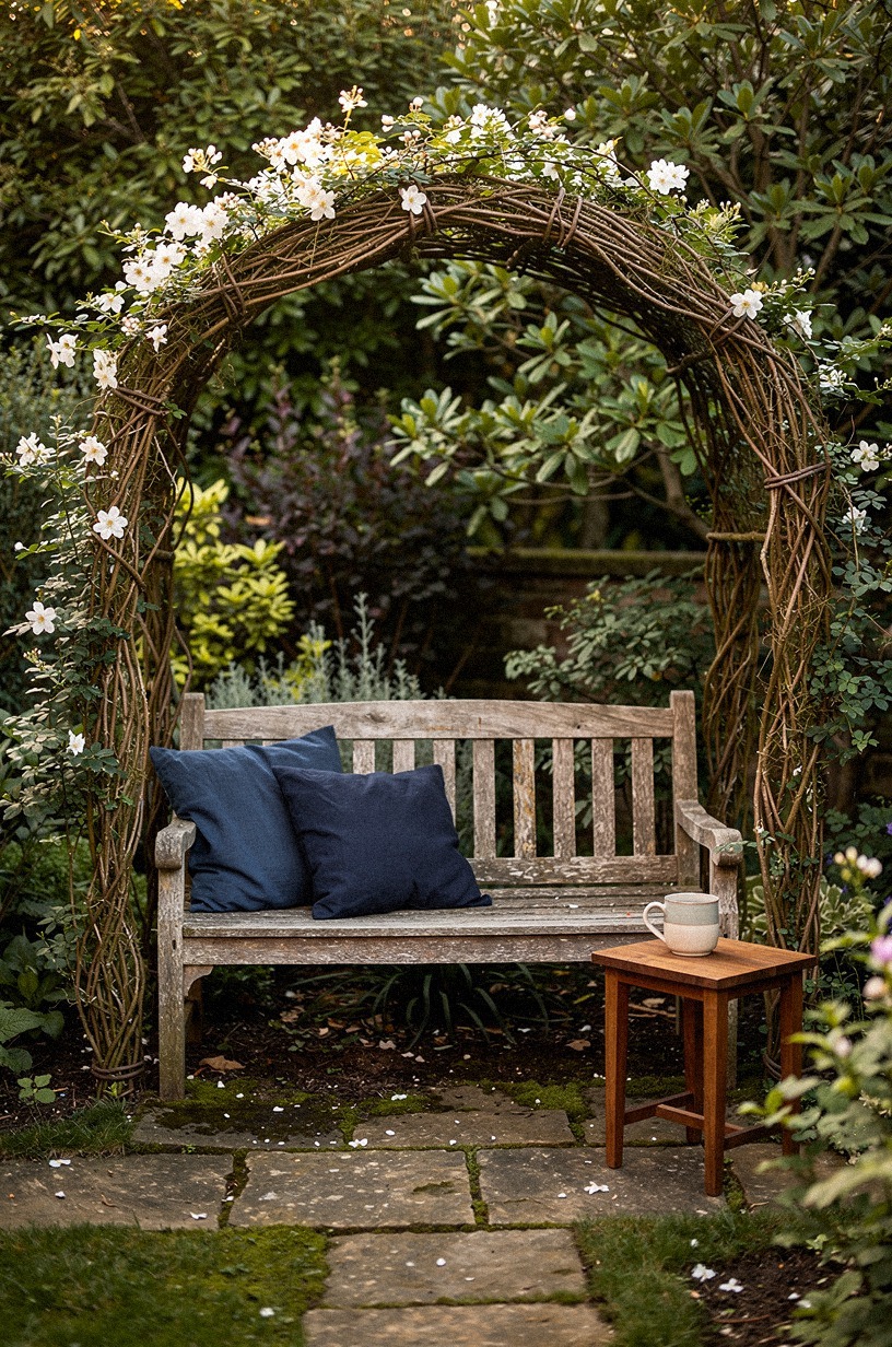 Tuck a woven willow arch over a hidden bench