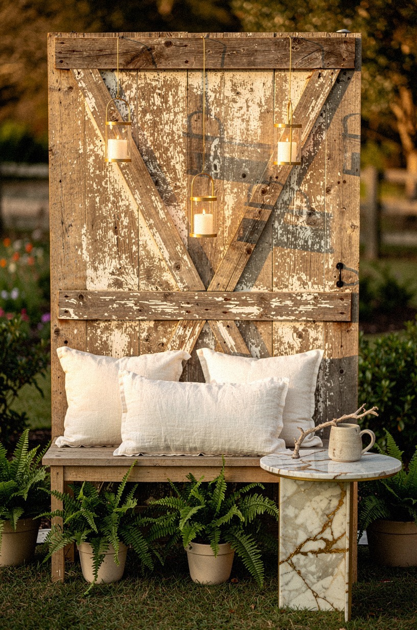 Lean a reclaimed barn door upright as a windbreak backdrop