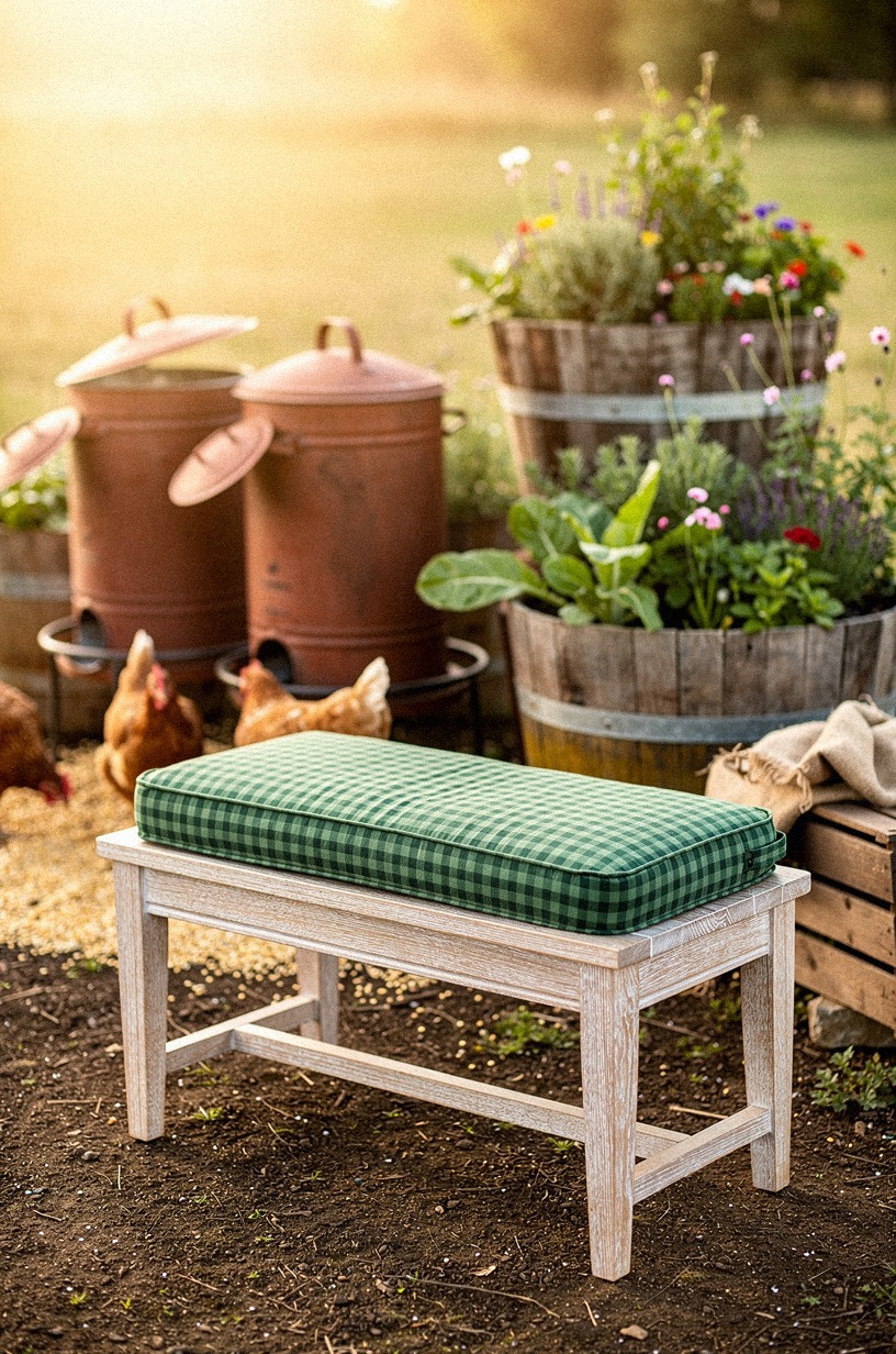 Place a wooden bench with a gingham cushion near the feed area